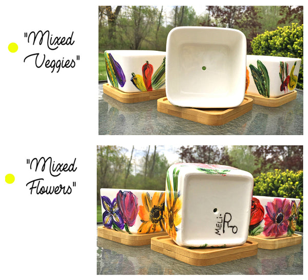 HAND-PAINTED PORCELAIN PLANTERS  - MIXED VEGGIES or FLOWERS